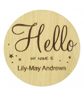 Laser Cut Oak Veneer Personalised Birth Announcement Plaque - Hello My Name Is... with First Name & Surname and Stars